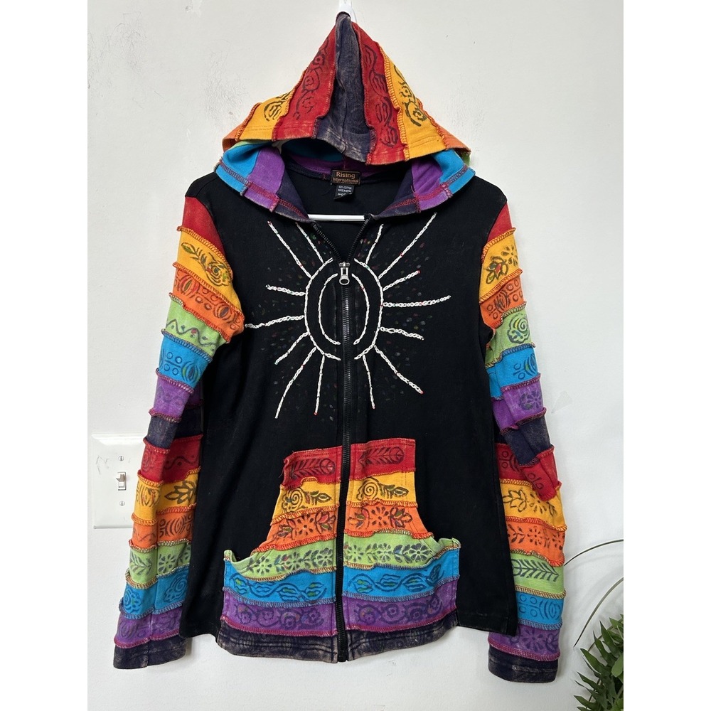 Rising Intl Rainbow Patchwork Sun Zip Hoodie M Boho Hippie Festival Granola Y2K